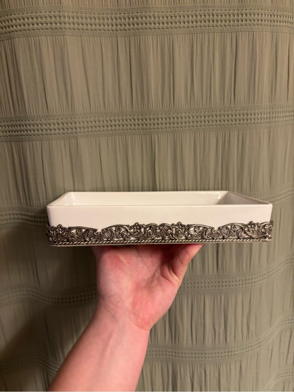 White & Silver Ceramic Decorative Dish - 9.5 x 5.5 inches